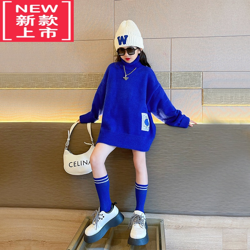 可莉允女童毛衣秋冬季2022新款时髦洋气儿童高领中长款秋装针织衫