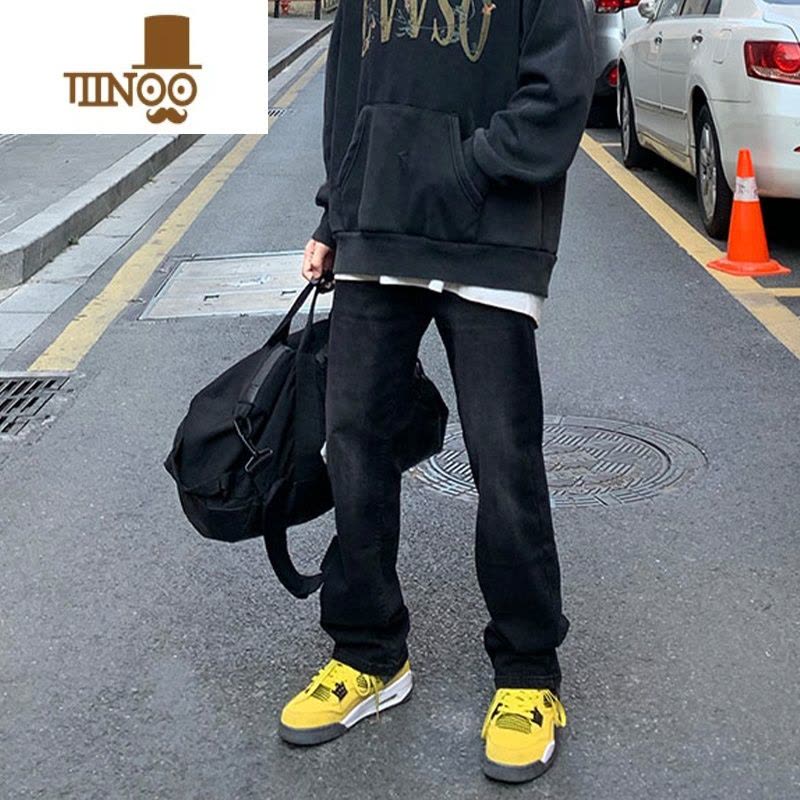 YANXU美式复古高街黑色牛仔裤男秋季新款嘻哈潮牌修身显瘦直筒长裤vibe图片