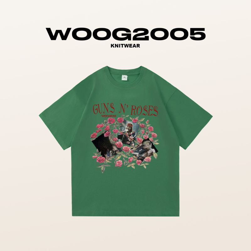 WOOG2005枪花GnR玫瑰花印花T恤短袖t恤纯棉 100美式hiphop潮牌ins