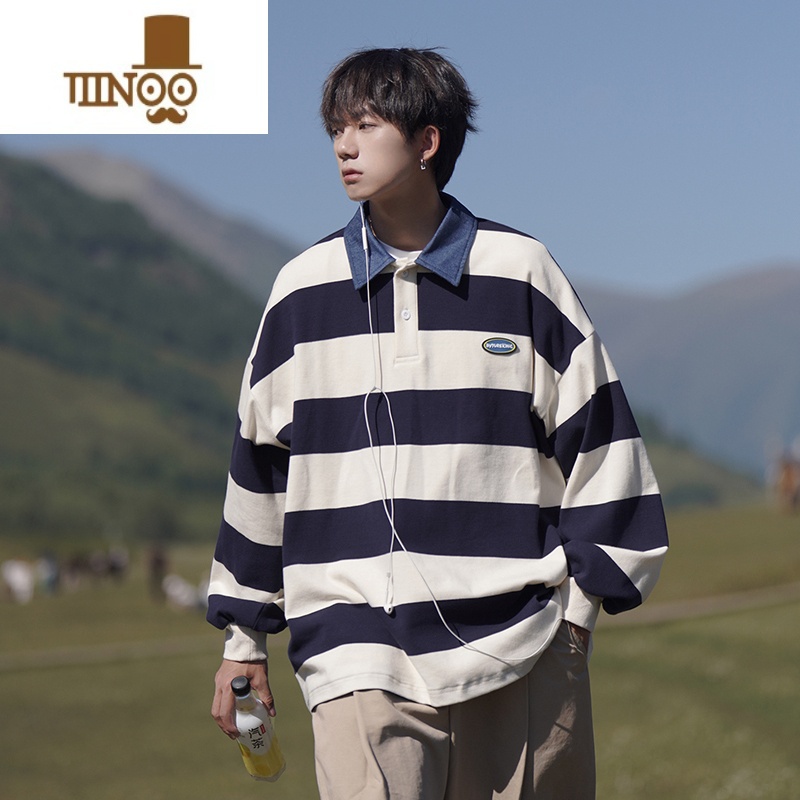 YANXUt恤感美式西海岸oversize卫衣男生条纹polo衫学院风Nr高清大图