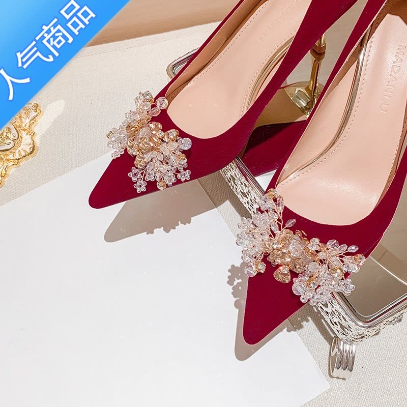 SUNTEK小众婚鞋新娘鞋2023年新款红色高跟鞋秀禾结婚鞋婚纱两穿不累脚图片