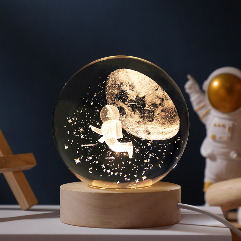 发光太阳系水晶球桌面小夜灯摆件星空玻璃球装饰品生日礼物女毕业 8cm球遨游星空+圆形木底座无礼袋