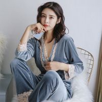 迪鲁奥(DILUAO)聚酯纤维睡衣女秋冬薄款宽松长袖家居服睡袍三件套珊瑚绒睡衣女春秋