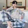 棉男士睡衣长袖春秋季新款圆领加大码宽松高档家居服套装男_532 L HD5580
