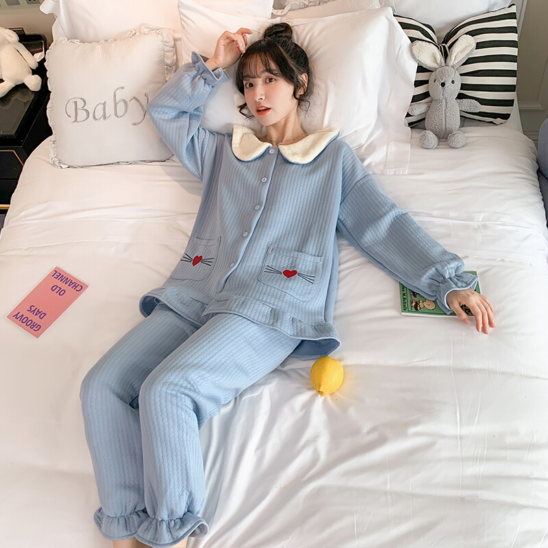 波迷娜(BOMINA)大码睡衣女200斤款季2021新款加厚夹层长袖睡衣女学院风可爱宽松服两件套装