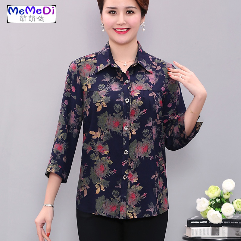 春棉绸女衬衫长袖新款中老年大码女装宽松妈妈上夏季人造棉衬