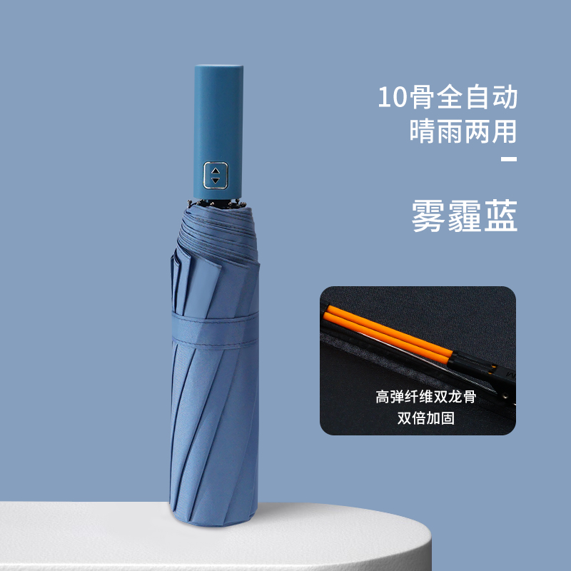 红叶全自动10骨双龙骨雨伞双人抗风商务伞黑胶防晒晴雨两用伞D2775 雾霾蓝