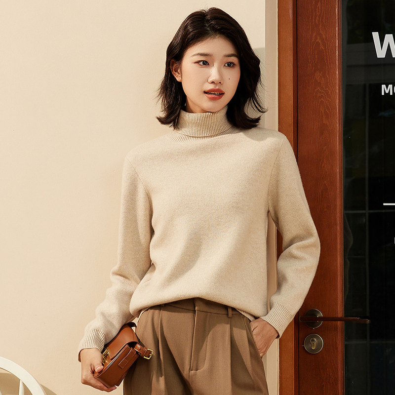 恒源祥厚款保暖高领套头毛衣女士纯色羊毛衫秋冬两翻领打底针织衫 170/92A/L 米驼