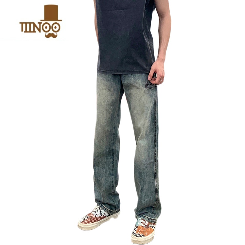 YANXU美式高街vibe做旧水洗复古蓝垂直感直筒牛仔裤男夏季潮牌百搭长裤高清大图