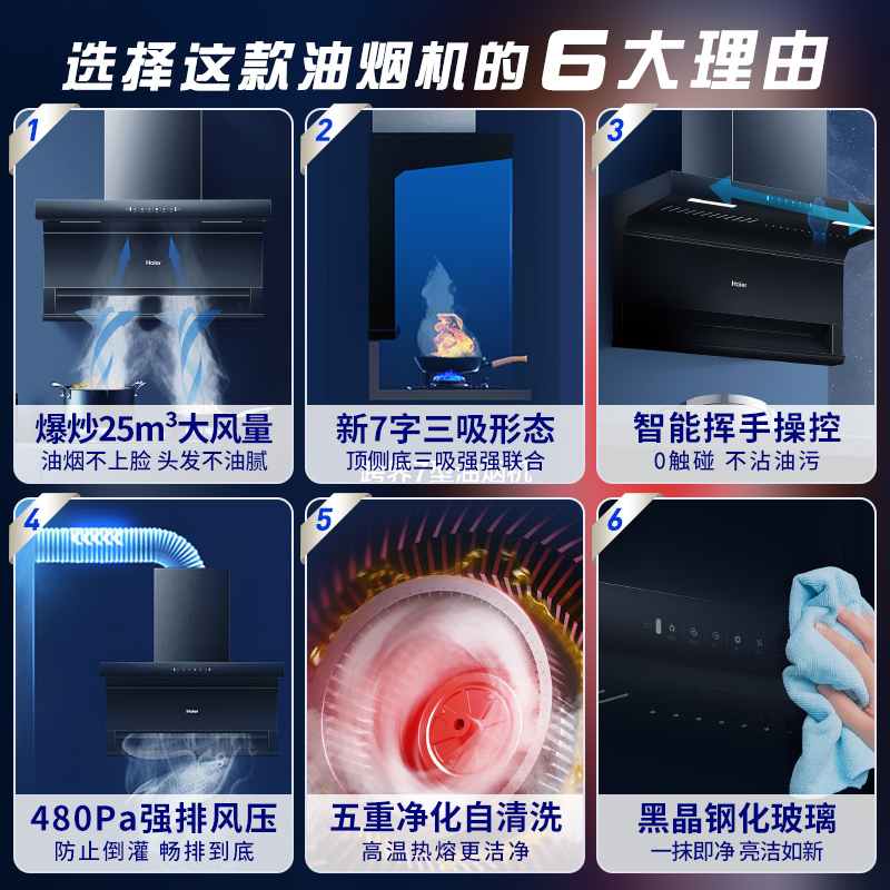 海尔(Haier)抽油烟机25m³大风量顶侧三吸一键热熔洗挥手智控 5.2KW燃气灶天然气烟灶套装EC725+Q2BE5