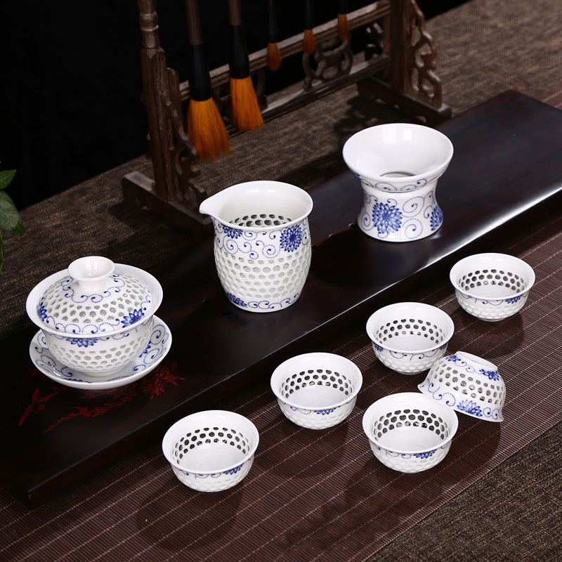 蓝色蜂窝茶具 XTL328 镂空陶瓷功夫茶壶礼盒套装 (套)