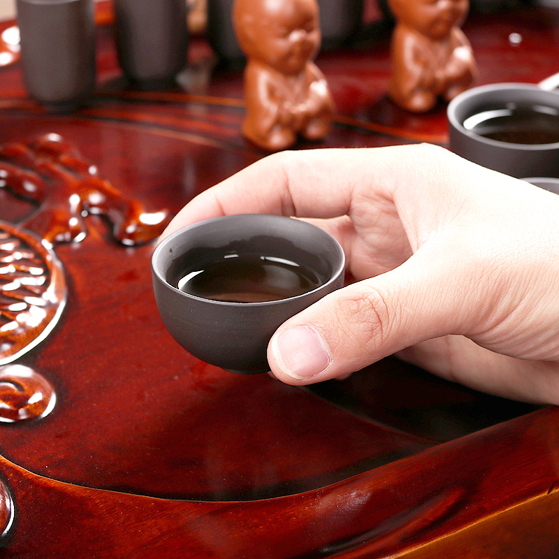 尚帝(shangdi)整板雕刻竹木茶盘整套功夫茶具原矿紫砂茶具茶盘套装四合一电热炉自动加水 红龙圣龙乌紫砂19头
