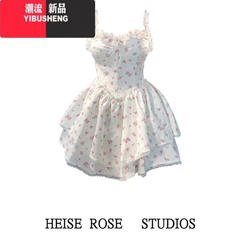 YIBUSHENG法式白色碎花吊带连衣裙女季新款辣妹纯欲风收腰显瘦公主蓬蓬裙图片