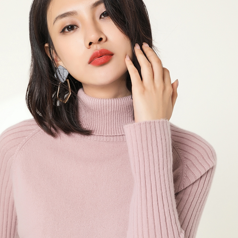 2018秋冬新款女士100%纯山羊绒衫中长款抽条打底衫修身针织衫