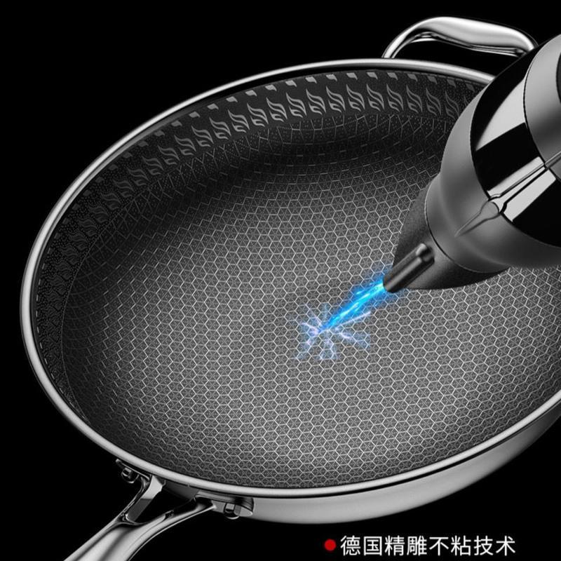 (特厚316 复合底)炒锅不粘锅32CM34CM不锈钢平底锅炒菜锅通用锅具 [304特厚]34cm无盖