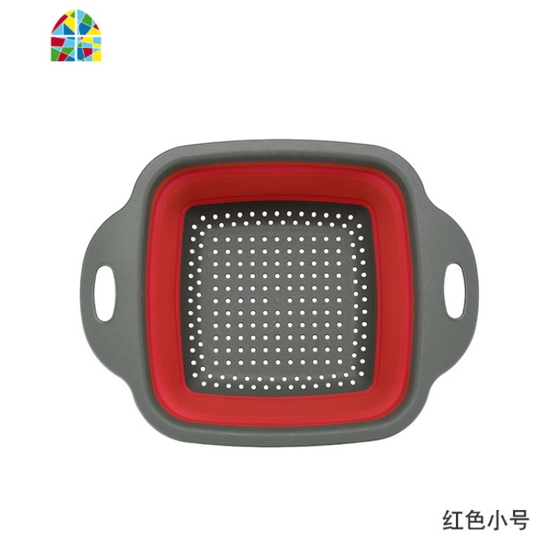 折叠圆形圆型果蔬篮水果篮洗菜盆硅胶滤水家居家用便携收纳 FENGHOU 方形红色小号洗菜篮洗菜篮