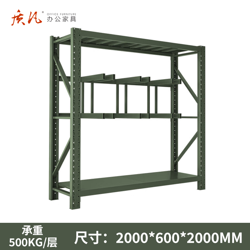 质凡钢制军绿色重型铁揪架货架ZF-hj259承重500kg 2000*600*2000 组高清大图