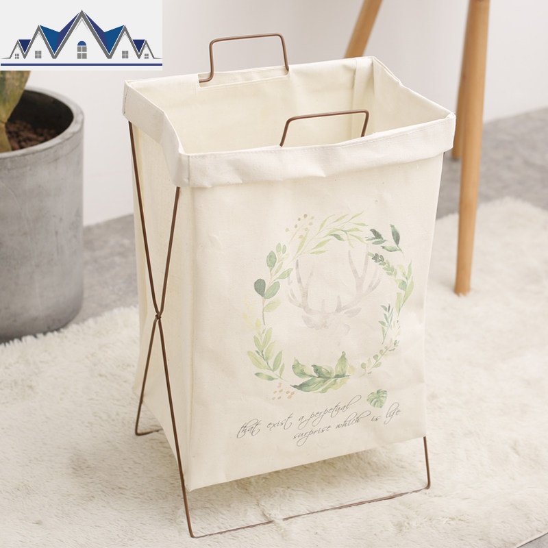 布艺折叠大号脏衣篓装放衣服的篮子玩具收纳桶简约铁艺北欧 三维工匠收纳篮 北欧印象鹿头铁架不带盖