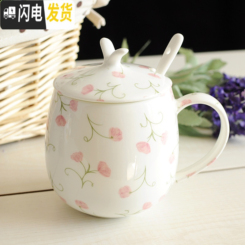 三维工匠陶瓷杯子女马克杯带盖勺家用水杯可爱骨瓷咖啡杯少女创意个性潮流