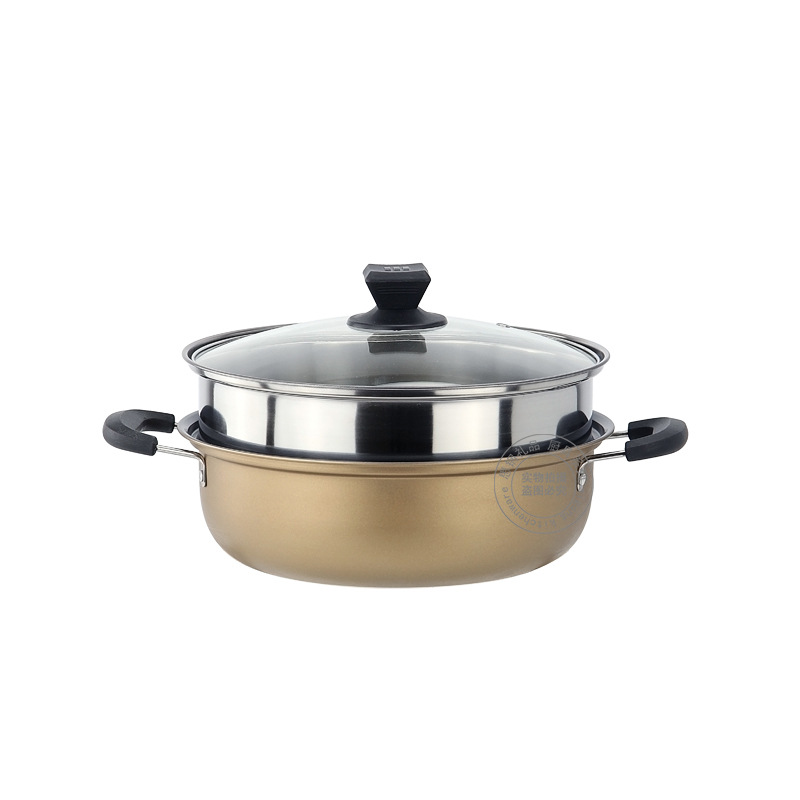 思钢 不锈钢不粘蒸火锅蒸煮锅双层28cm汤蒸锅金色蒸锅银行保险公司