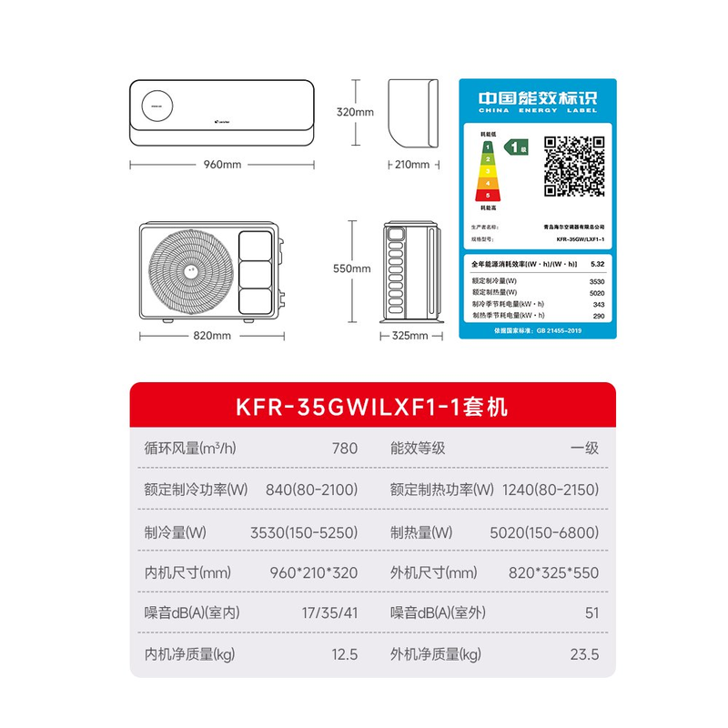 海尔统帅懒人神机新风款 双排铜管蒸发器1.5匹一级变频冷暖空调挂机舒适风 国家补贴KFR-35GW/LXF1-1高清大图
