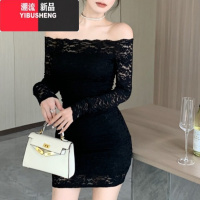YIBUSHENG辣妹一字肩连衣裙女胖MM大码春季气质内搭修身显瘦长袖蕾丝包臀显 M90-100斤 黑色