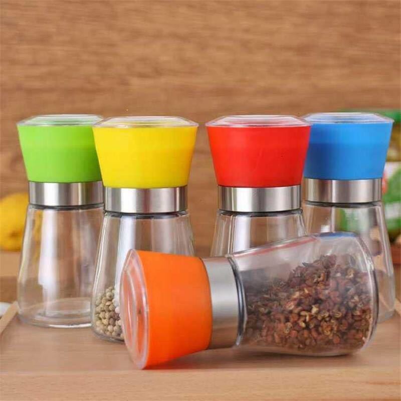 手动胡椒磨粉器厨房烘焙精灵调味瓶花椒研磨器玻璃调料瓶胡椒瓶子现磨 绿色2个+100G白胡椒