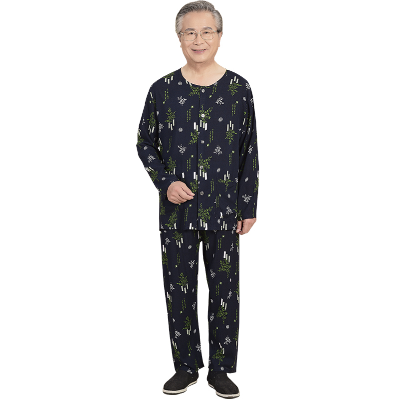 1号色（套装） XL(145斤以下) 中老年男装爸爸夏装棉绸睡衣无领长袖夏季绵绸居家服套装老人衣服