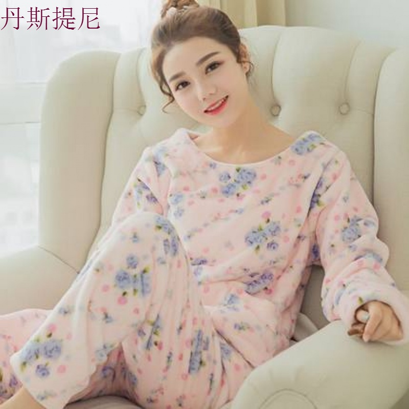 冬天睡衣女加厚珊瑚绒韩版秋季女士可爱长袖开衫法兰绒家居服套装