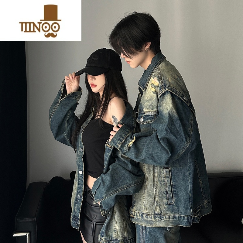 YANXU美式复古水洗做旧牛仔外套早秋情侣装设计感宽松破洞翻领夹克上衣高清大图