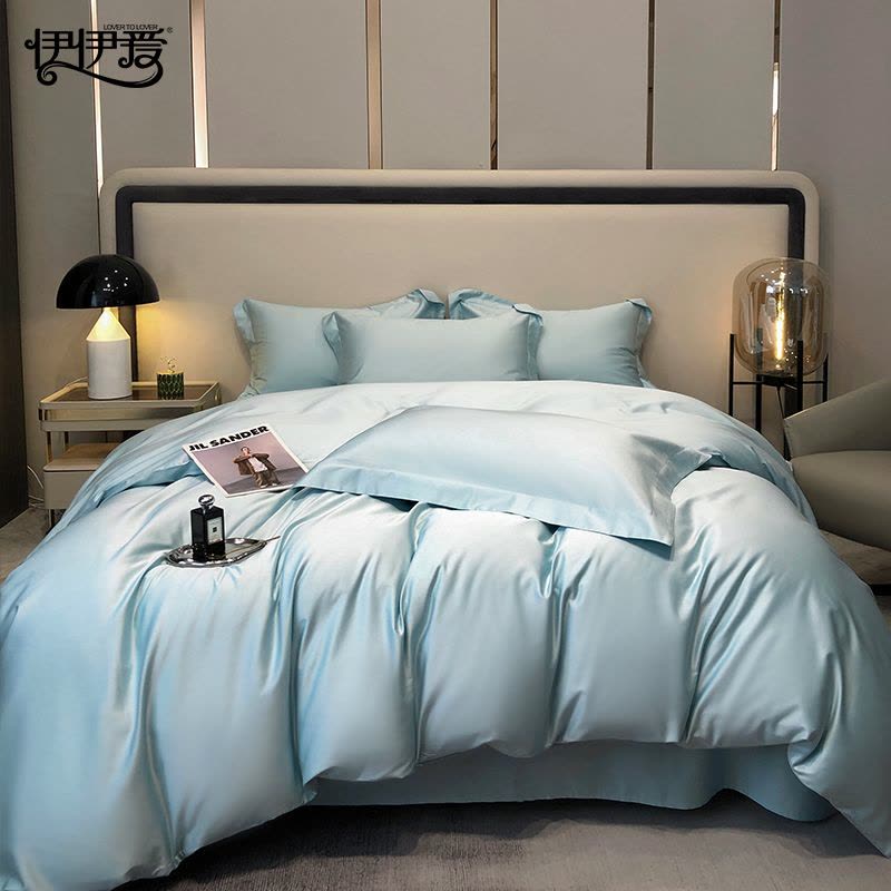 伊伊爱 贡缎60长绒棉简尚海上蓝四件套图片