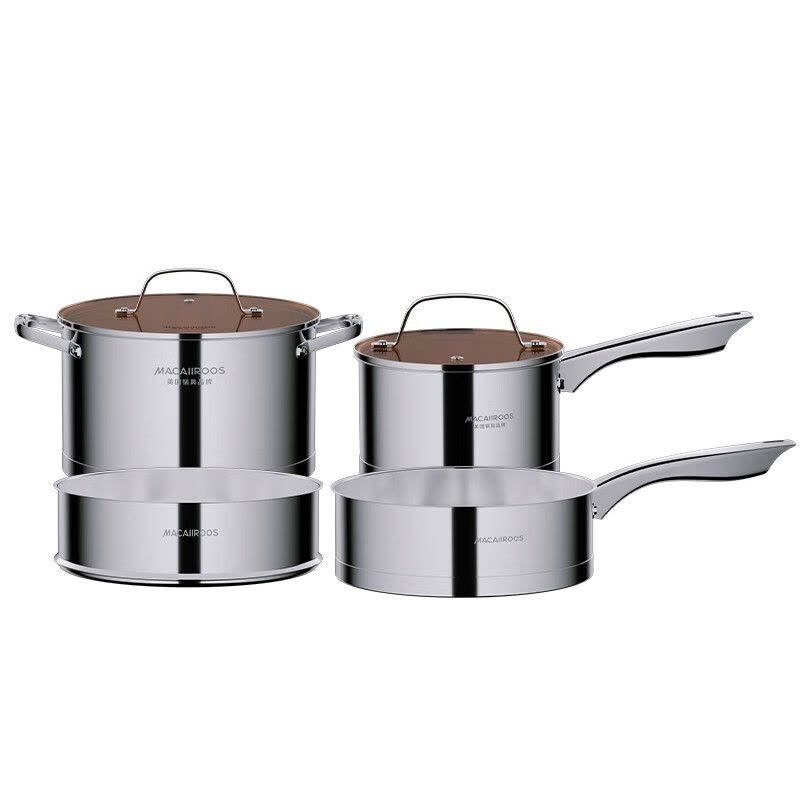 迈卡罗(MACAIIROOS)MC-S402B锅具套装 平底煎锅汤锅蒸笼奶锅304不锈钢四件套图片