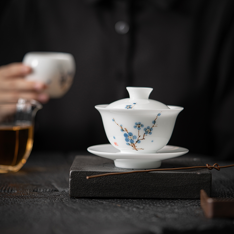 MULTIPOTENT功夫茶具三才盖碗手绘羊脂玉白瓷梅花薄胎瓷泡茶碗精美伴手礼盒