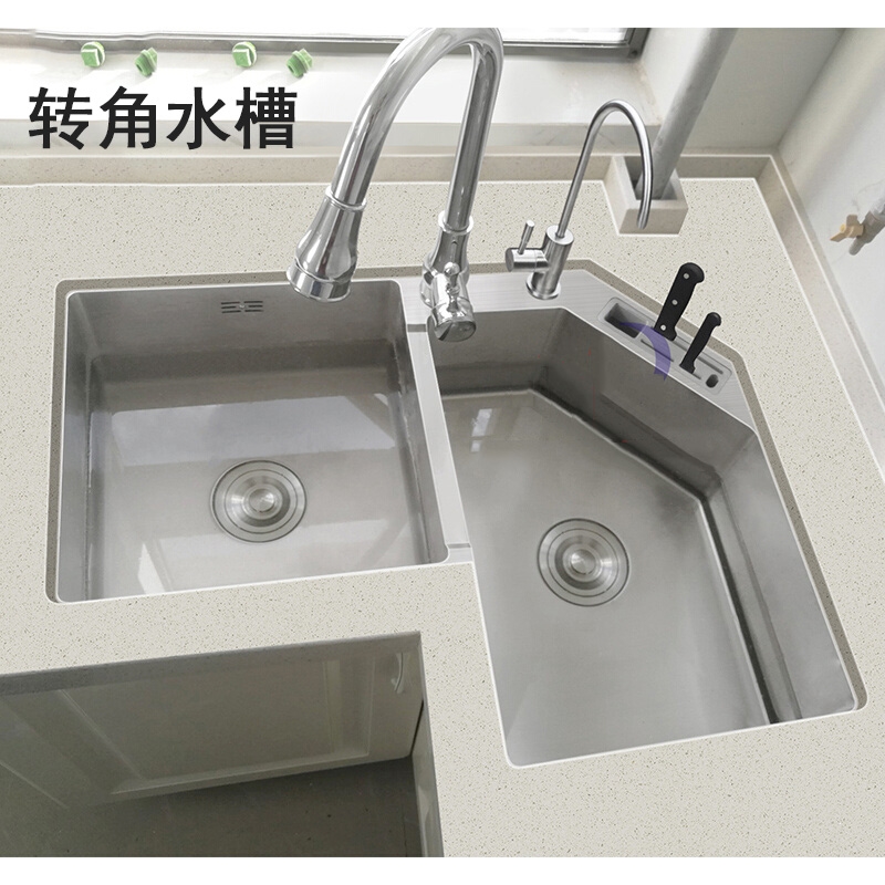 闪电客切角水槽拐角洗菜池加厚304不锈钢双盆转角洗碗池角为洗菜盆