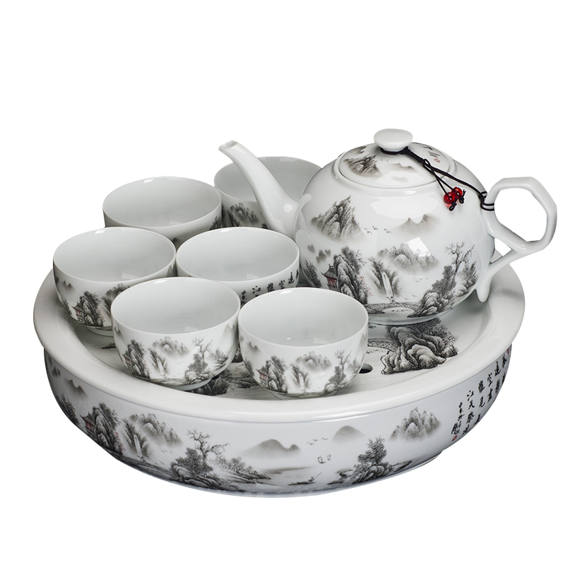 瓷物语CIWUYU家用茶具1000ML 陶瓷大茶壶单壶耐热防暴景德镇青花瓷薄胎瓷(山水一壶六杯 )