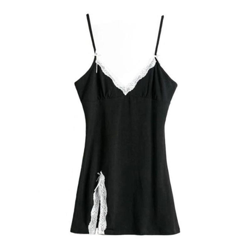 性感法国上衣露胸小众复古吊带蕾丝拼接床上短裙v领打底睡裙女黑色m