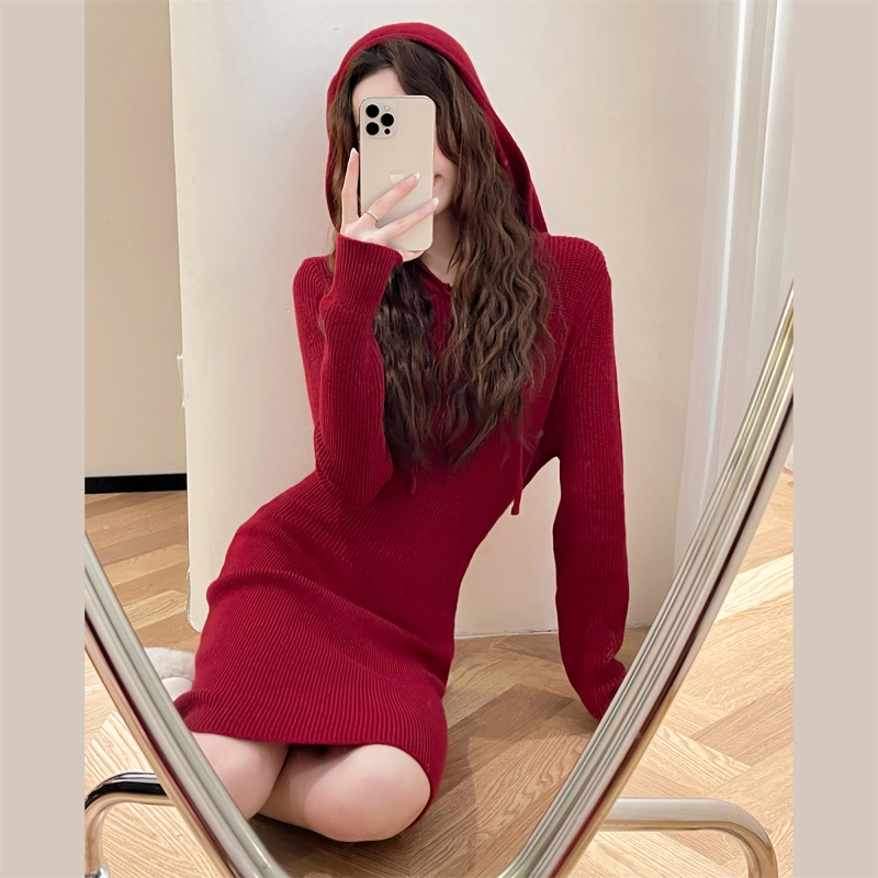 唐狮秋冬季连衣裙新款女秋季女装连帽针织毛衣裙小红帽裙子qd