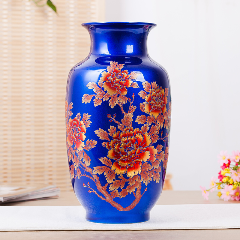 水晶釉陶瓷器落地花瓶摆件中国红色景德镇客厅插花新中式结婚礼品 三维工匠 红富贵冬瓜瓶高清大图