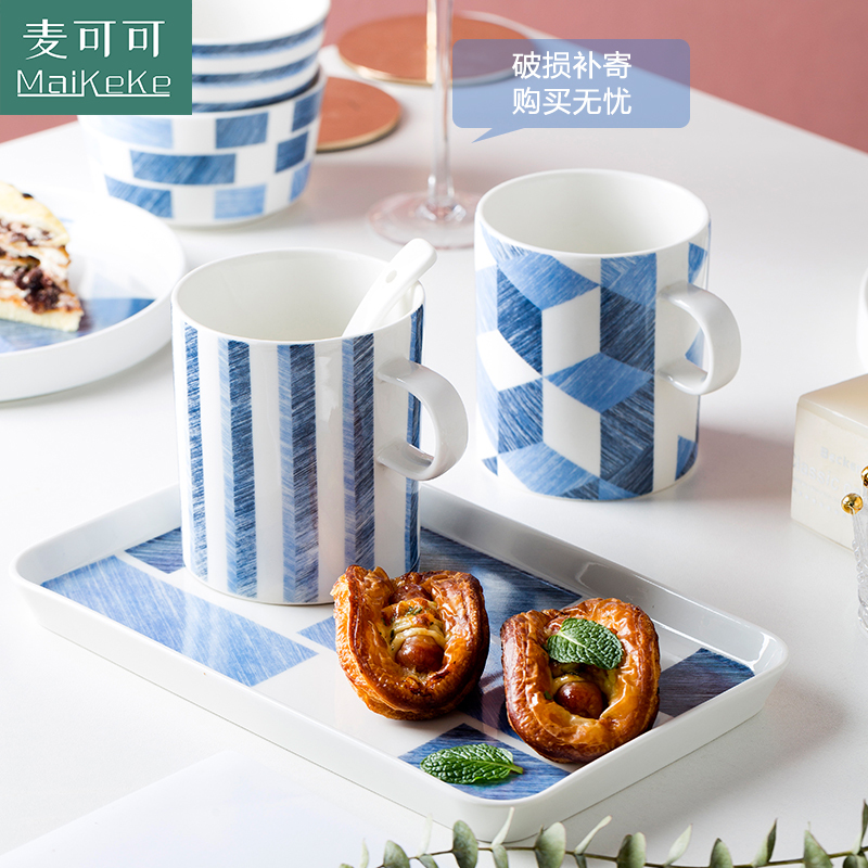 麦可可 碗碟套装 家用景德镇陶瓷40头北欧牛仔蓝餐具碗碟情侣创意碗 平盘牛排西餐盘