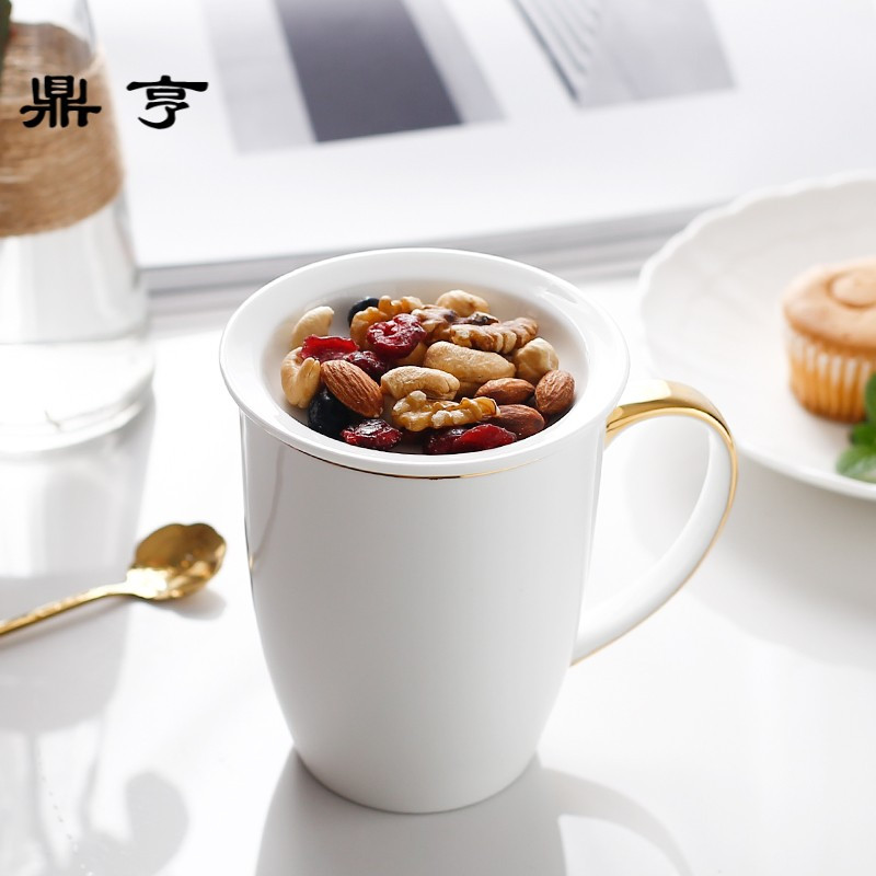 鼎亨 意式大号马克杯带盖勺 骨瓷大容量咖啡杯描金陶瓷水杯杯子
