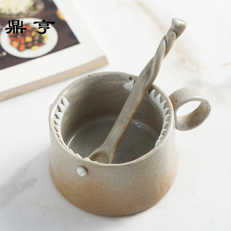 鼎亨原创手工复古陶瓷咖啡杯迷你咖啡杯送勺马克杯 可爱恐龙杯勺