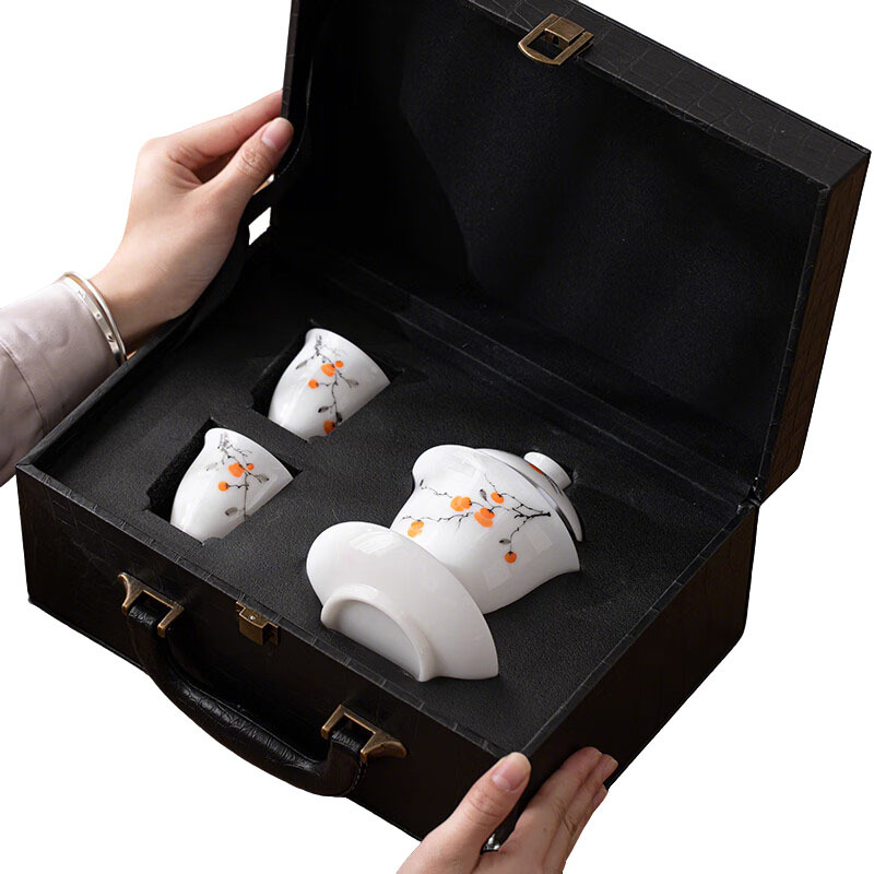 苏氏陶瓷(SUSHI CERAMICS) J0254-1 手绘柿柿如意盖碗小套装(一盖碗两茶杯) 三件套 (单位:套)