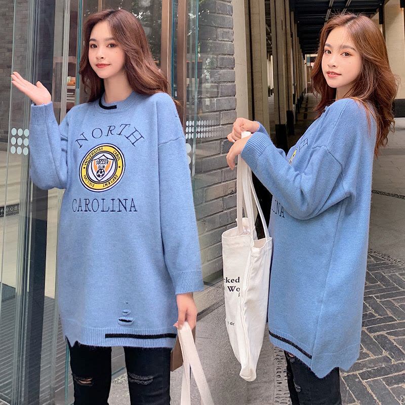 迪鲁奥(DILUAO)孕妇装秋装女套头新款秋季宽松毛线衣 蓝色 均码[适合约90-160斤]图片