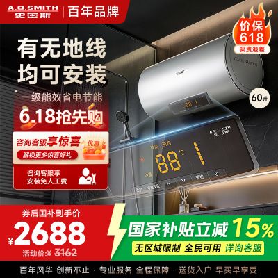 AO史密斯60升电热水器 无地线可安装 专利安全隔电 金圭内胆 速热节能 一键中温保温SCE-60DX2 预约洗浴