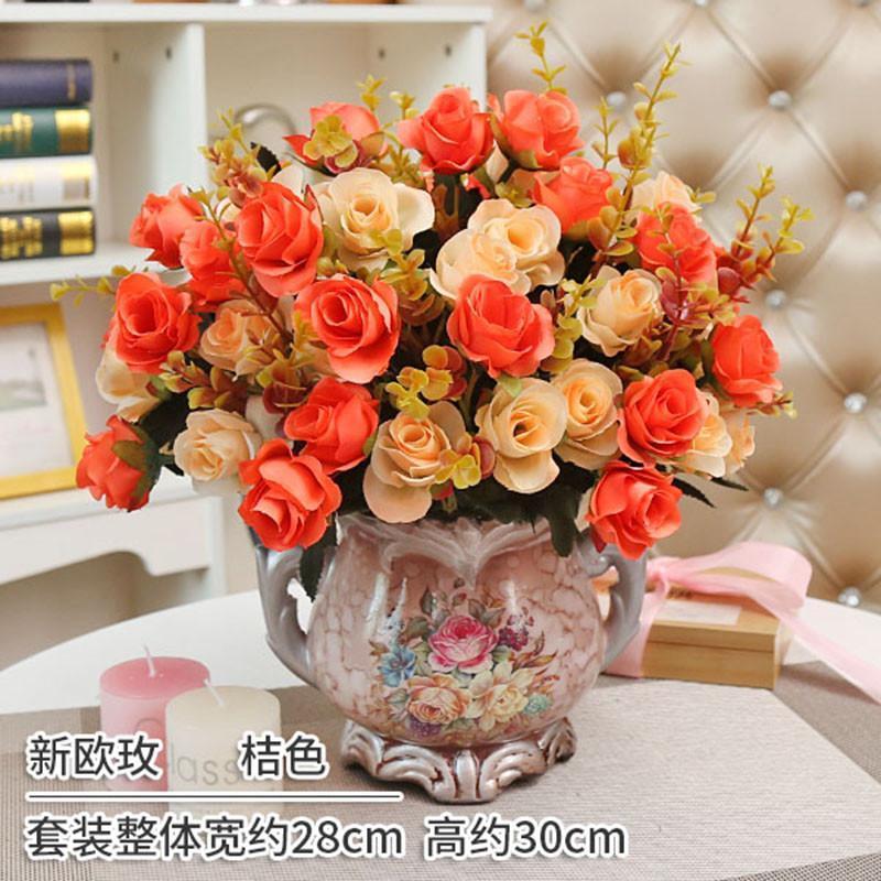 仿真干花束家居装饰品摆设欧式摆件客厅茶几室内仿真桌上花卉盆栽-5S桔色新欧玫欧盆