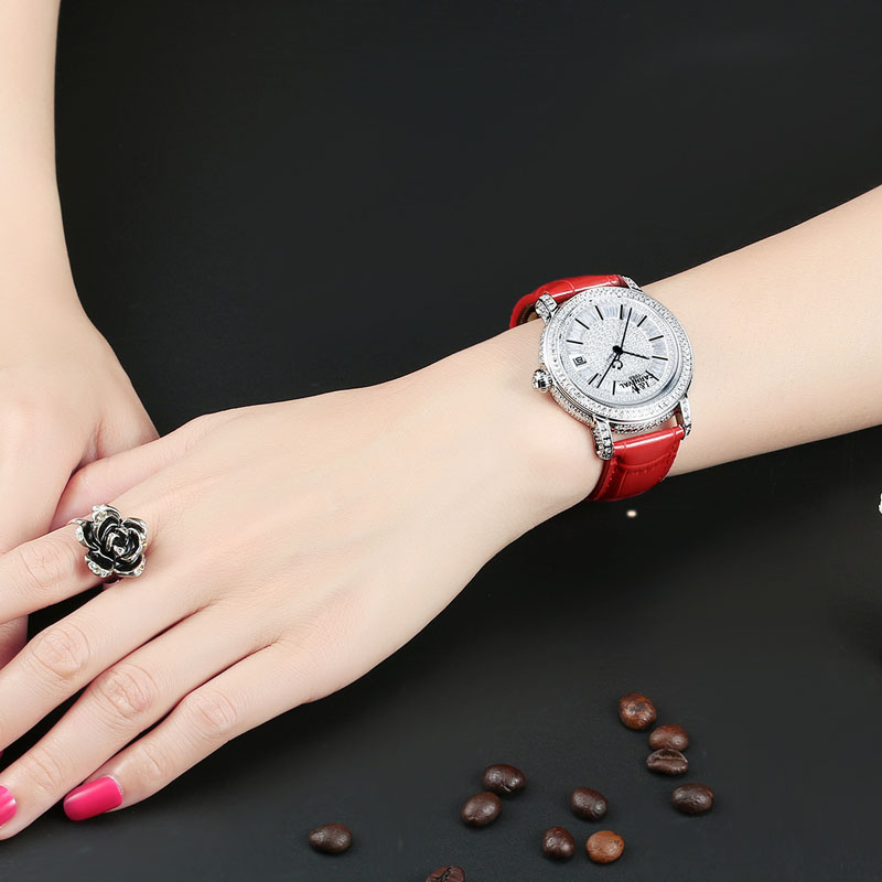 瑞士嘉年华Carnival进口机芯女士手表满天星全自动机械表 女镶钻牛皮表带休闲时尚女表防水真皮腕表8690高清大图