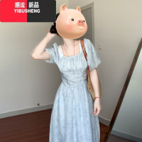 YIBUSHENG法式泡泡袖方领蓝色连衣裙女2024新款温柔高级感收腰气质长裙子