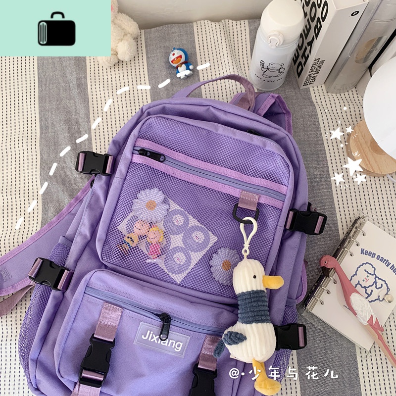 日系简约原宿工装双肩包男旅行电脑背包学生书包女高中ins大容量NEW LAKE 紫罗兰+冲鸭挂件送2枚小雏菊徽章