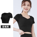 拼接速干瑜伽服带胸垫瑜伽短袖裸感修身显瘦运动健身上衣 星耀黑 XL