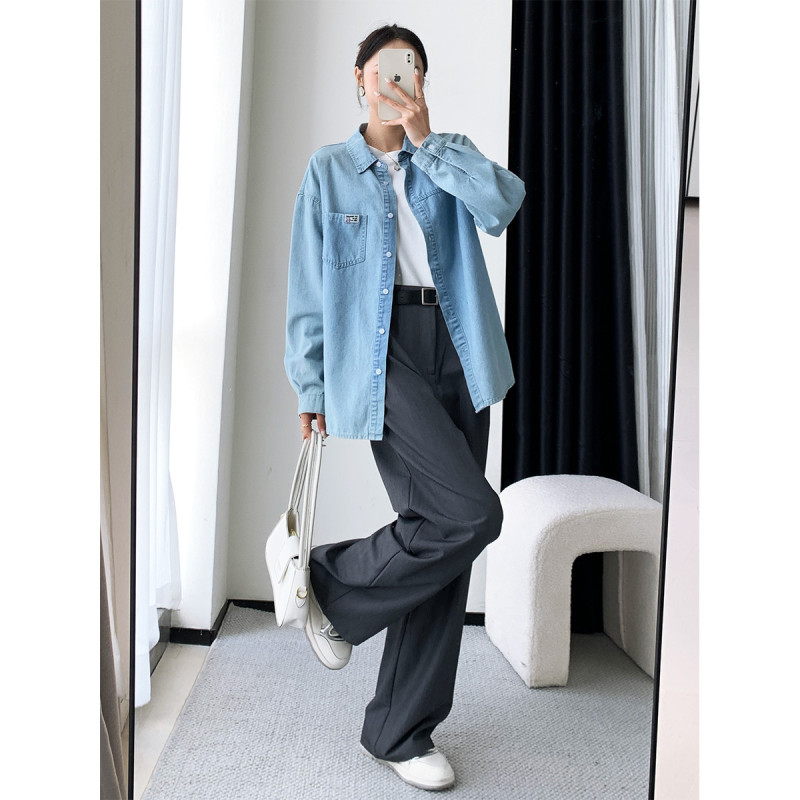 唐狮春秋衬衫女复古牛仔做旧长袖衬衣款外套ins百搭